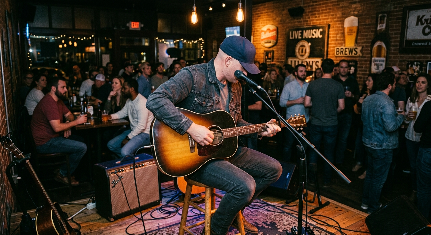 A male guitarist performing in a bar; owner-selected image for Andy McQuillen’s listing